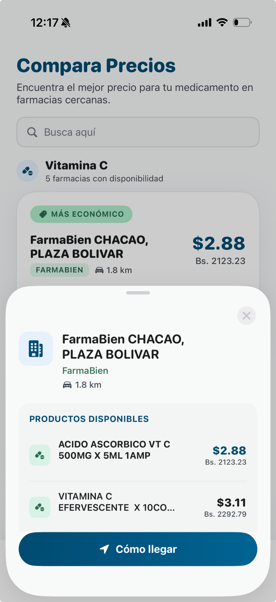 Qida screen: medication price comparison across nearby pharmacies with a directions option.