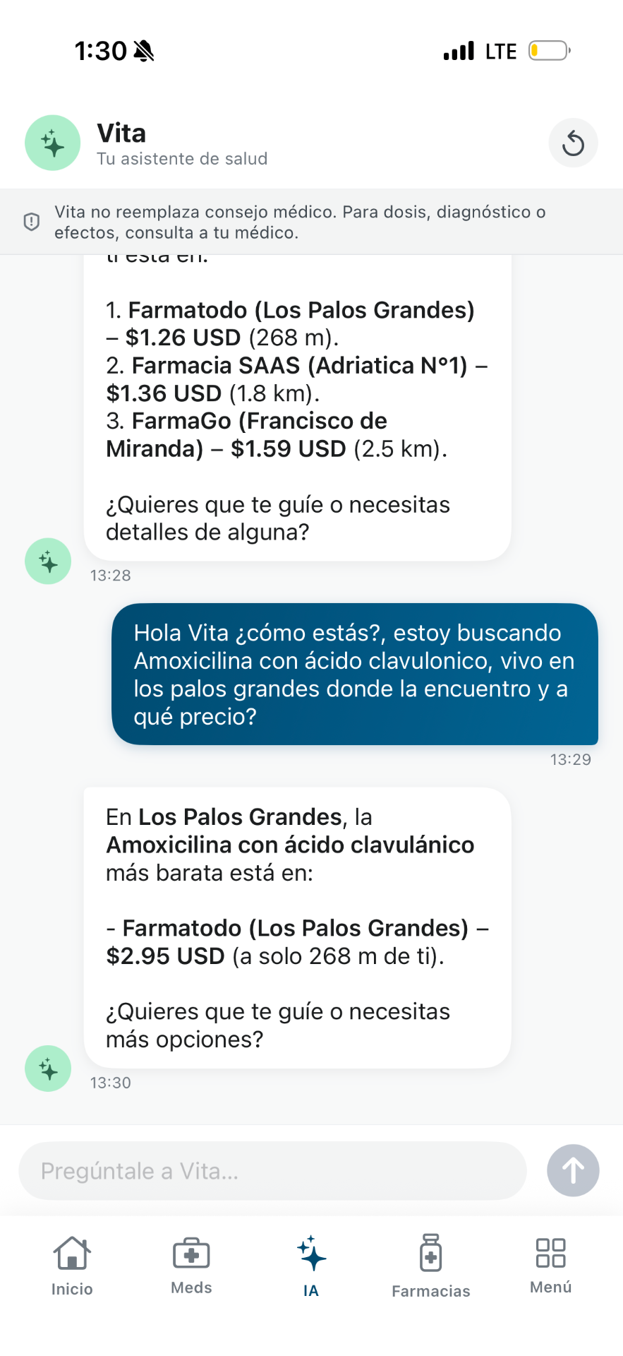 Conversation with Vita showing three nearby pharmacies with prices and distances for Amoxicillin with clavulanic acid.