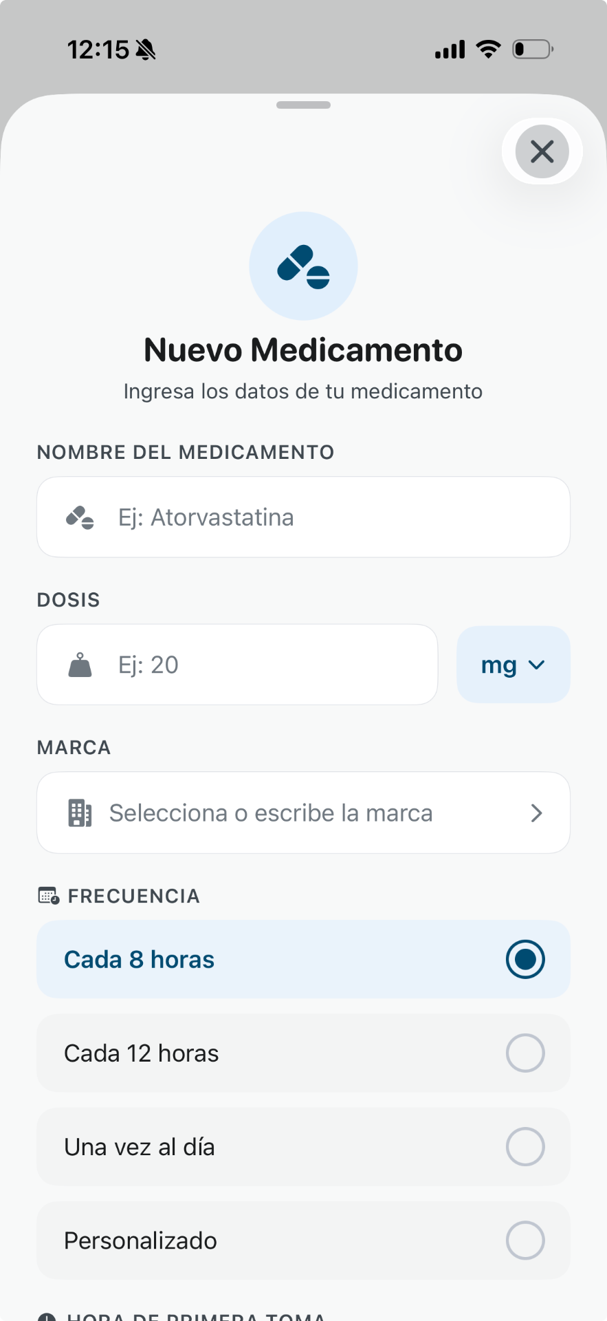Qida screen: form to add a new medication with name, dose, brand and frequency.